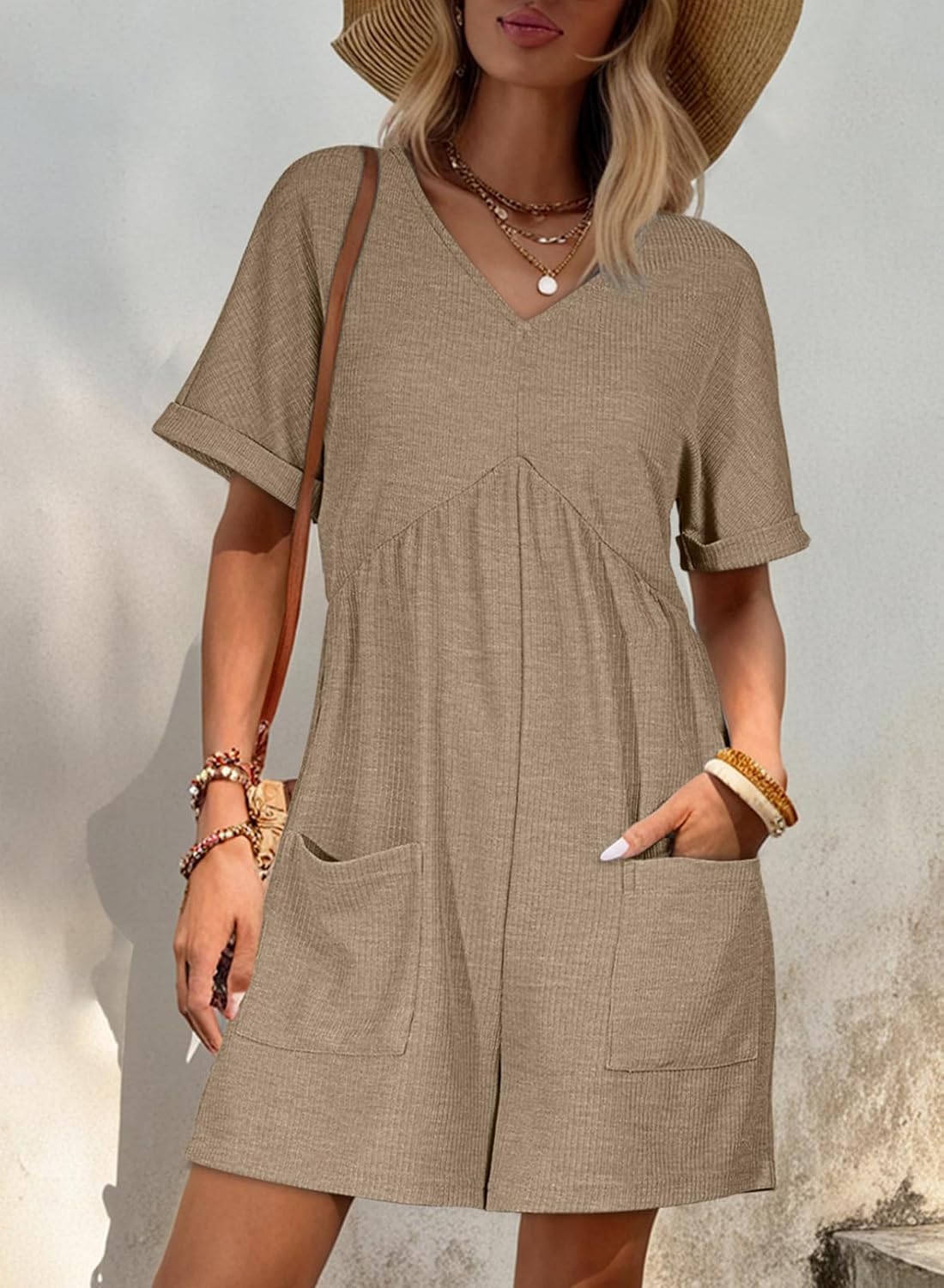 AlvaQ Rompers for Women Solid Color Casual Short Sleeve V Neck Zipper Short Jumpsuits with Pockets - Image 4