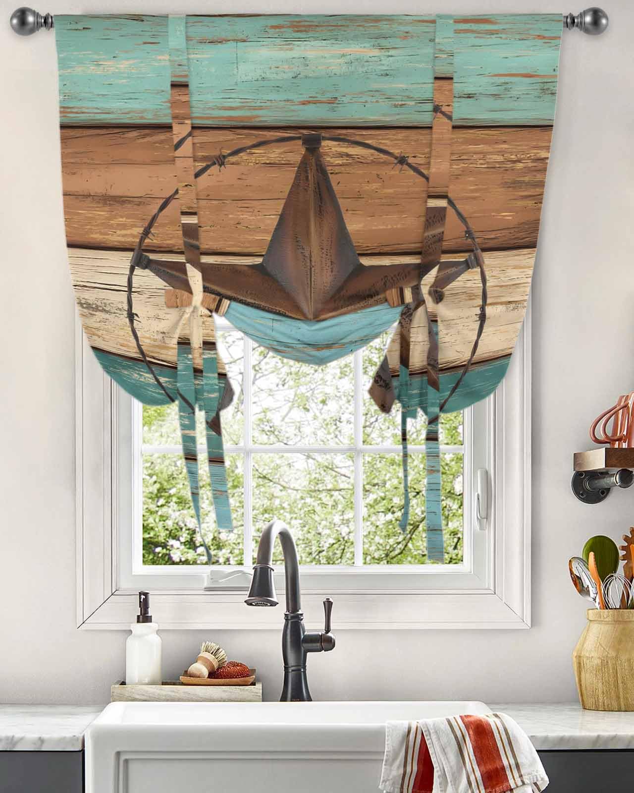 Teal Brown Tie Up Curtains for Windows 45 Inch Length Balloon Curtains Kitchen Adjustable Balloon Window Shade Country Texas Star Farmhouse Barn Door Wood Tie Up Bathroom Curtain Window 52