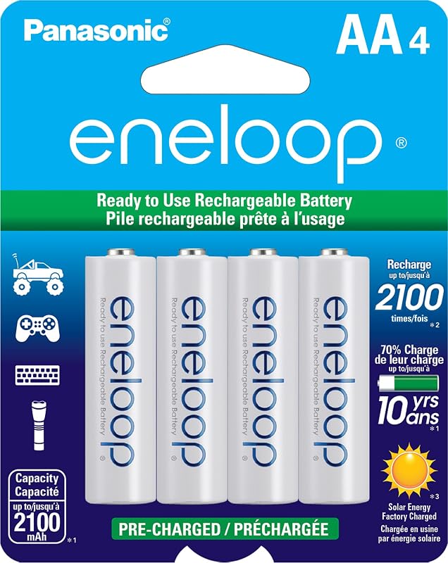 Eneloop Panasonic BK-3MCCA4BA AA Baterías recargables precargadas Ni-MH de 2100 ciclos, paquete de 4 baterías