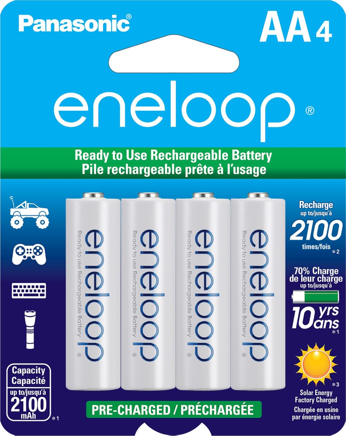 Eneloop Panasonic BK-3MCCA4BA AA 2100 Cycle Ni-MH Pre-Charged Rechargeable Batteries 4-Battery Pack