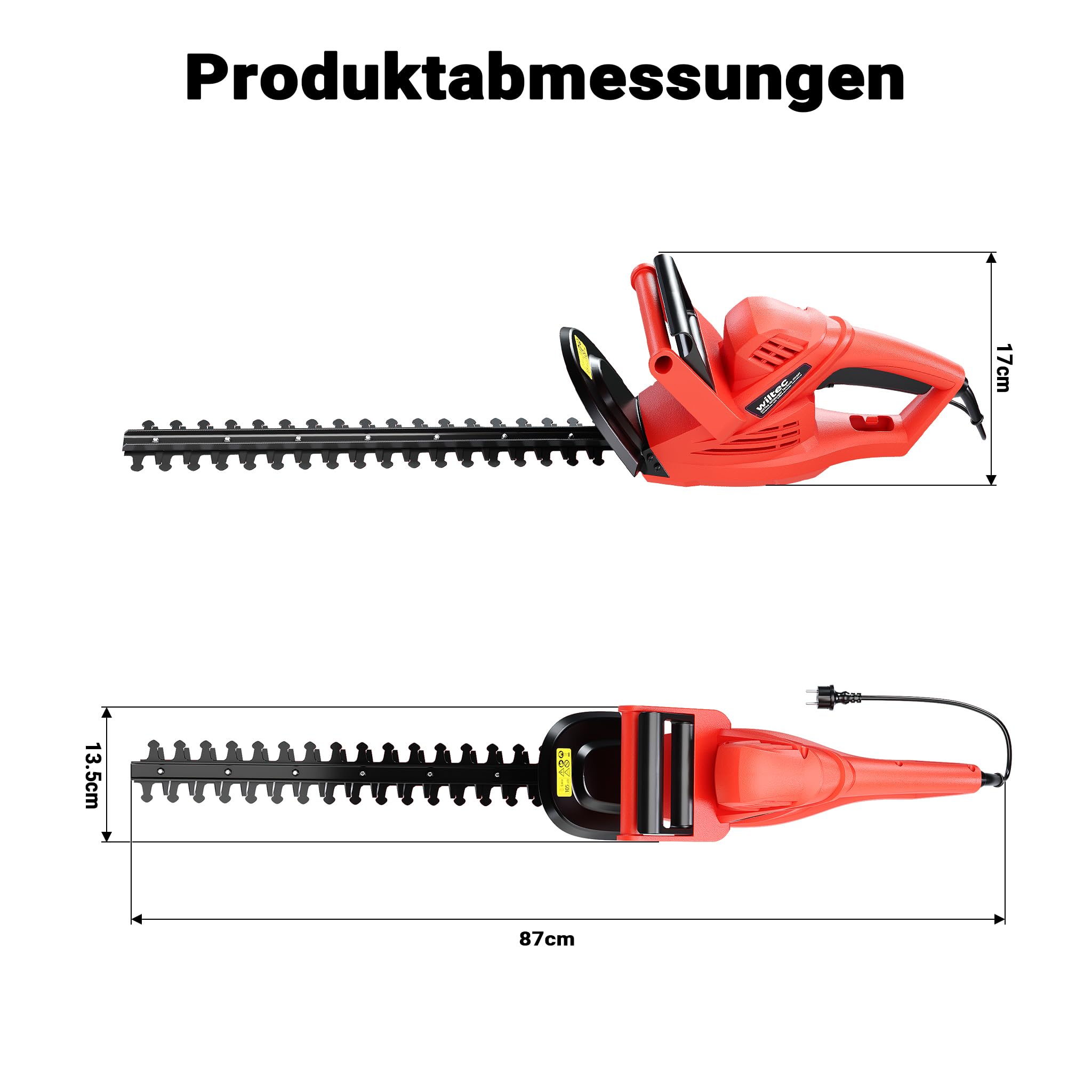 Wiltec Elektrische Heckenschere 520 W, Heckenschneider mit Schnittlänge 450 mm, Heckensäge mit Schnellstopp-Bremse, Freischneider mit Handschutz