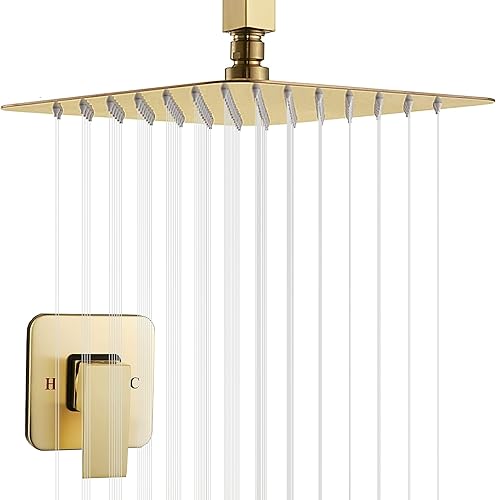GGStudy - Sistema de ducha de techo dorado cepillado, grifo de ducha de lujo, mezclador de lluvia, sistema de cabezal de ducha de 10 pulgadas con
