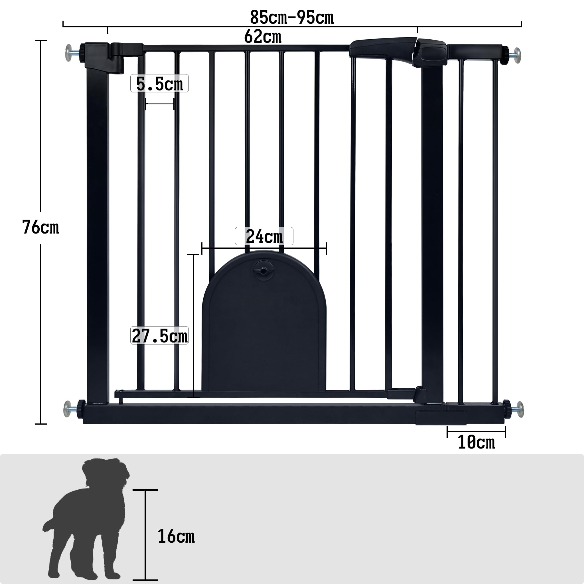 Aufun Puerta de Seguridad para niños sin taladrar, para 85-95 cm de Ancho, Puerta con Cierre a presión, autocierre, Puerta metálica, Puerta de Seguridad para Perros con gatera (Negra)