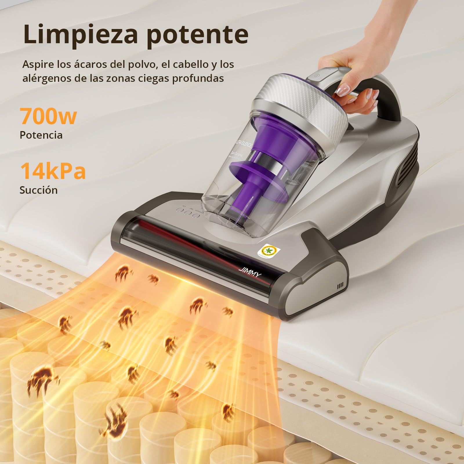 Jimmy JV35 Aspirador Antiácaros 700W con Luz UV-C, Golpeteo Fuerte y Aire Caliente, Portátil para Colchones, Camas y Sofás