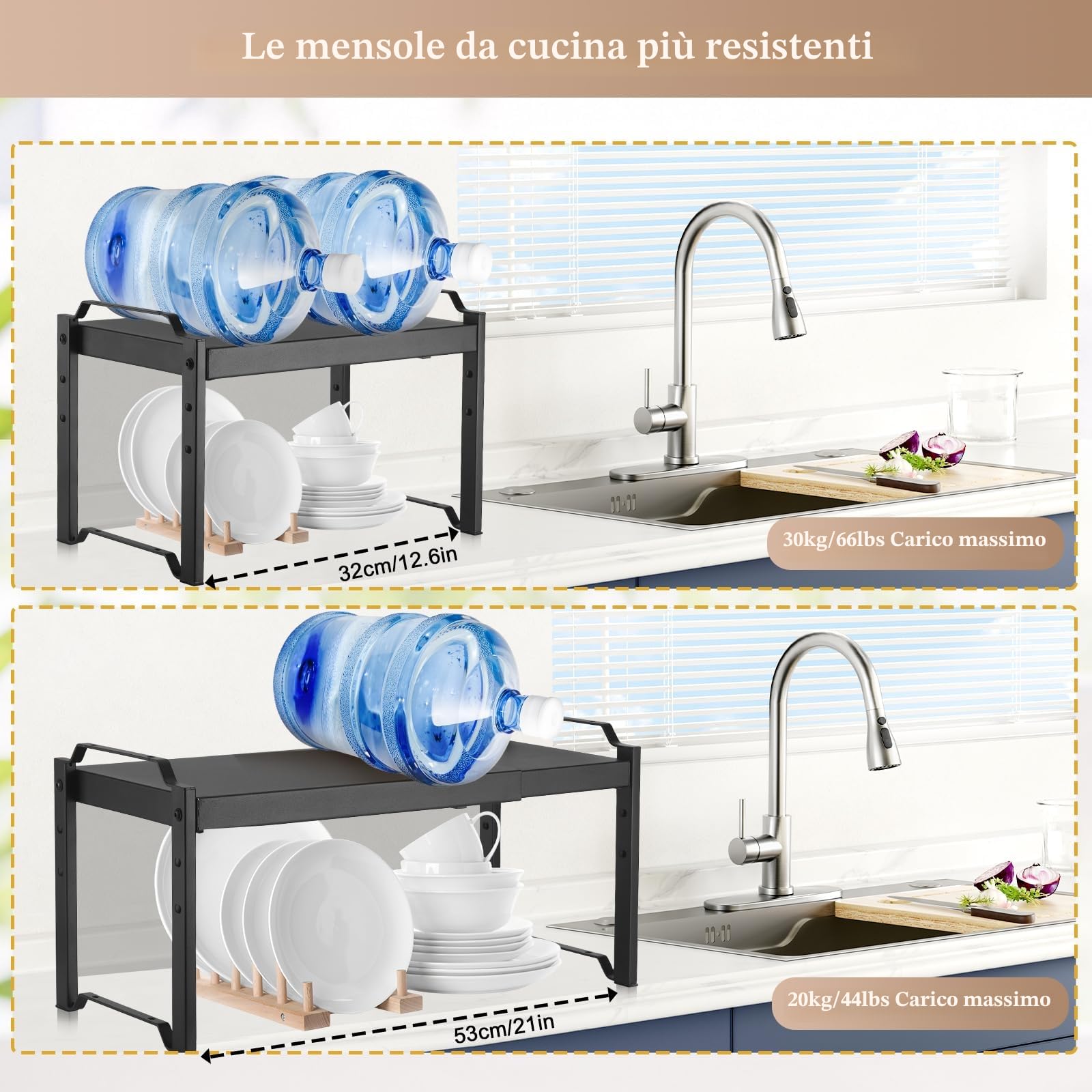 Ripiano Organizzatore per Cucina, Scaffale Espandibile 32-53cm per Pensili, Ripiani Resistente per Top Cucina, Scaffalatura Regolabile in Nero con 3 Altezze, Organizzatore per Desktop e Mobili