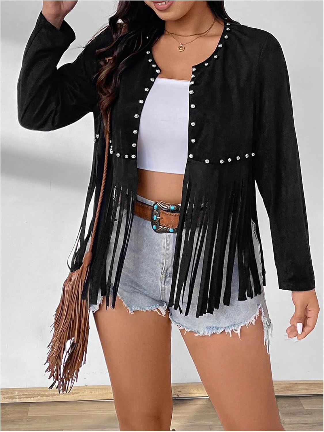 SHENHE Women's Plus Size Faux Suede Fringe Jacket Open Front Long Sleeve Studded Tassel Cardigan Jacket Western Outfits - Image 3