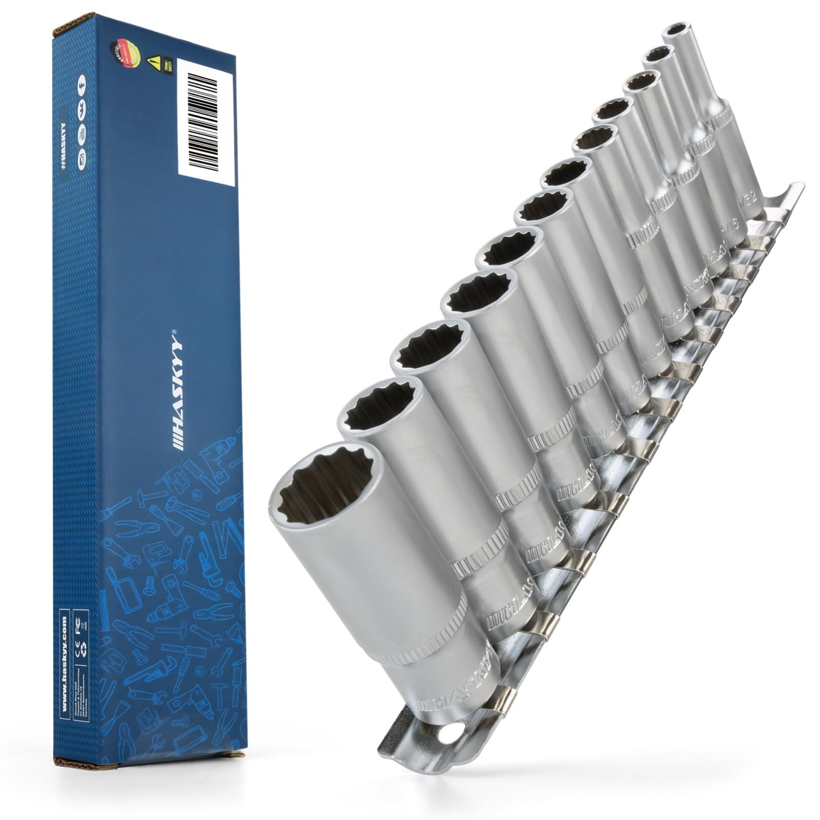 HASKYY Zestaw kluczy nasadowych Nasadowe klucze długie 5/32" - 9/16" Dwunastokąt Klucze 1/4" (6,35 mm) Zestaw 12-częściowy, każda po 5 cm długości