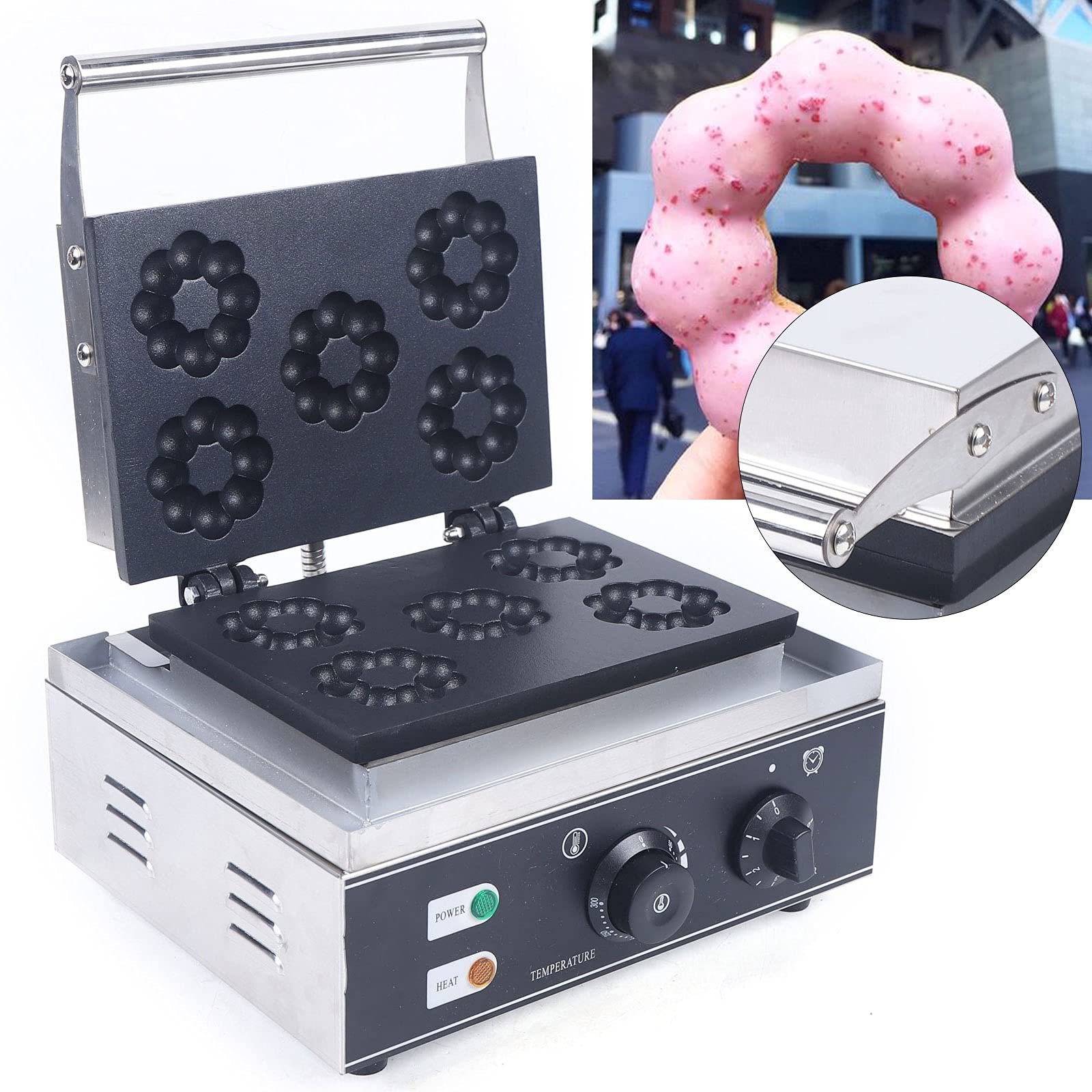 Commercial Waffle Donut Machine, 1500W Donut Waffle Baking Machine Commercial kit 5 Dounts Maker Waffle Maker, for Professional Kitchen, Bakery, Dessert Shop