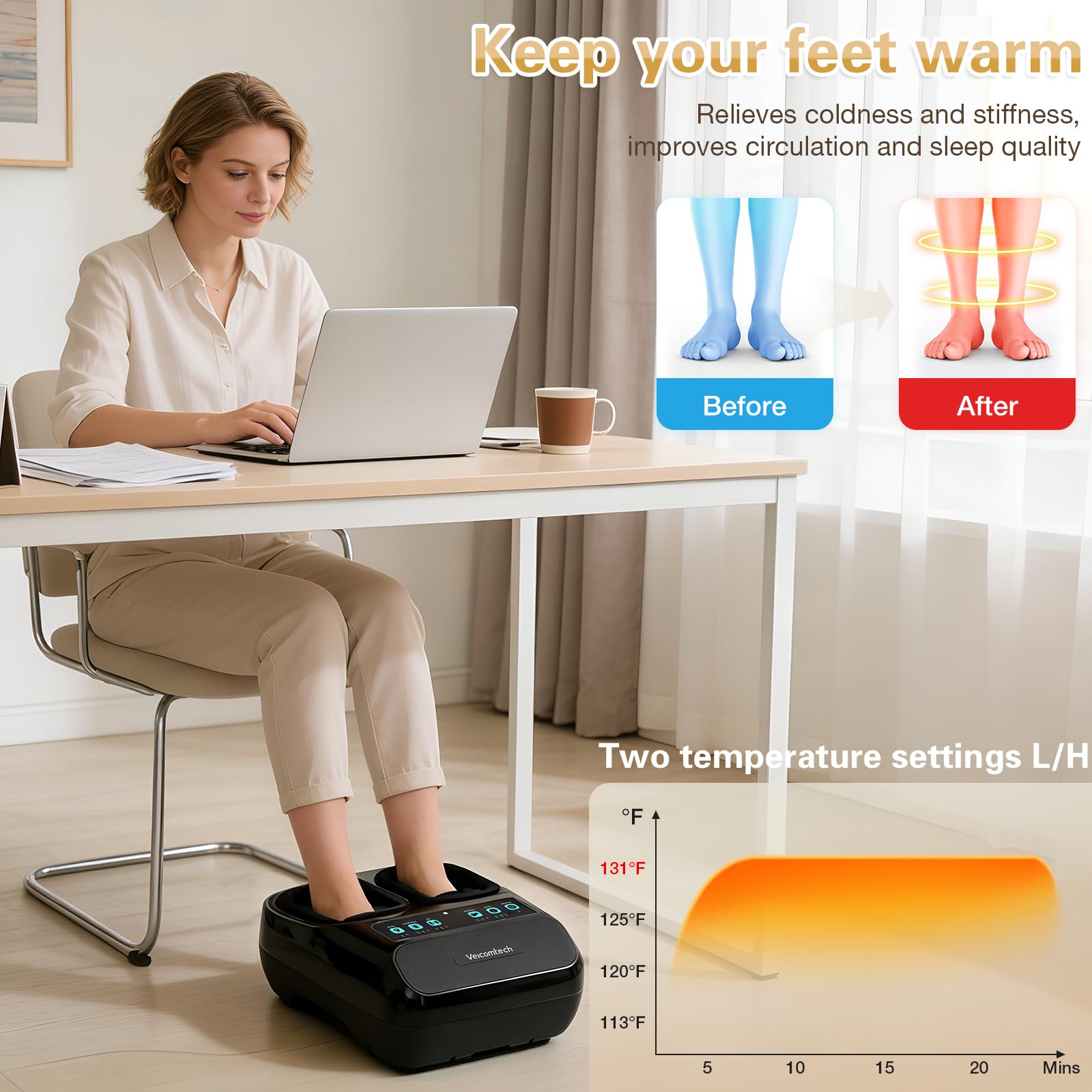 veicomtech Shiatsu Fußmassagegerät mit Wärme, elektrisches Massagegerät für Plantarfasziitis Neuropathie mit Fernbedienung, Vibration und Kompression einstellbar (schwarz)
