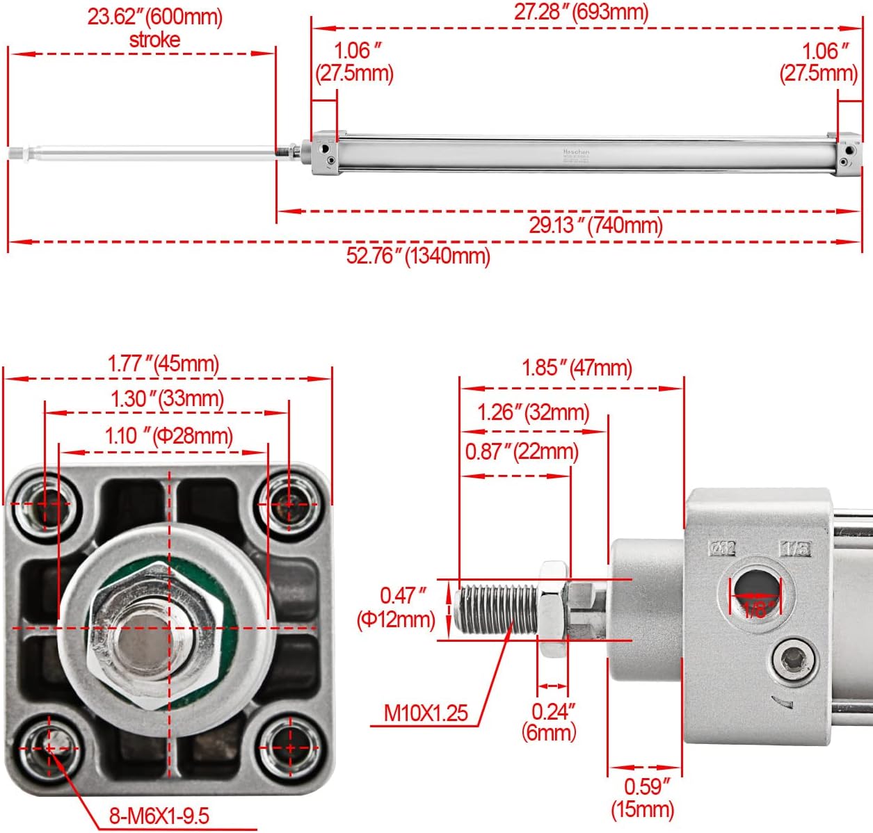 Heschen Pneumatic Standard Cylinder, SC 32-600, PT1/8'' Port, 32mm Bore, 600mm Stroke, Single Rod Double Action