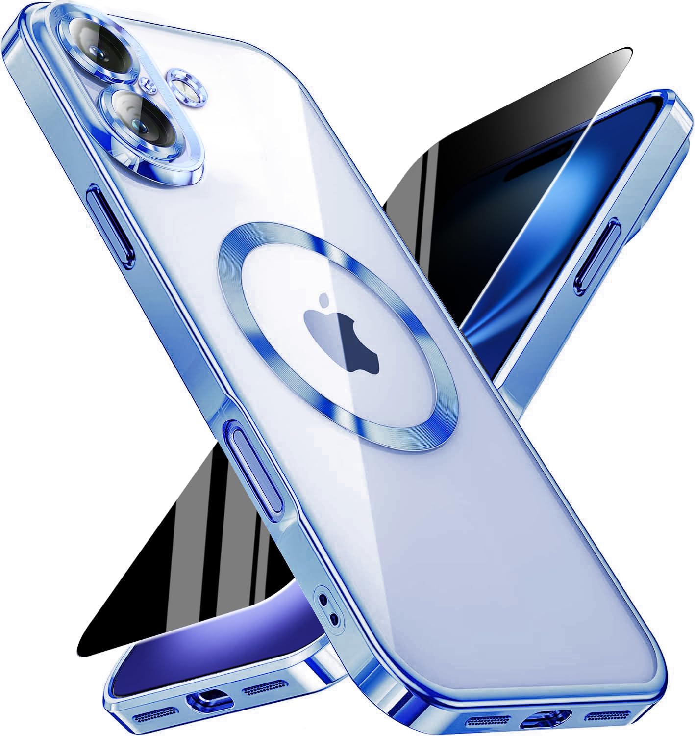 Magnetic for iPhone 16 Case with Privacy Screen Protector &amp; Full Camera Cover,[Non-Yellowing] Plating Glossy Soft Shockproof Clear Phone Case with MagSafe Women Girls for iPhone16 6.3",Blue