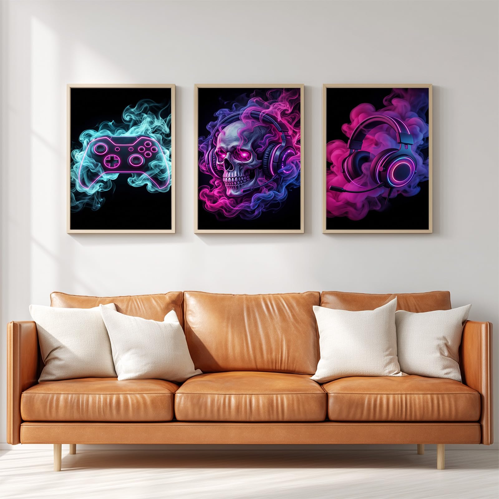 Générique Impression sur Toile Tableaux Decoratifs Muraux Déco Fantaisie Gaming 50 x 70 cm Decoration Murale Peinture, Néon Casque Manette, Pour Chambre Maison