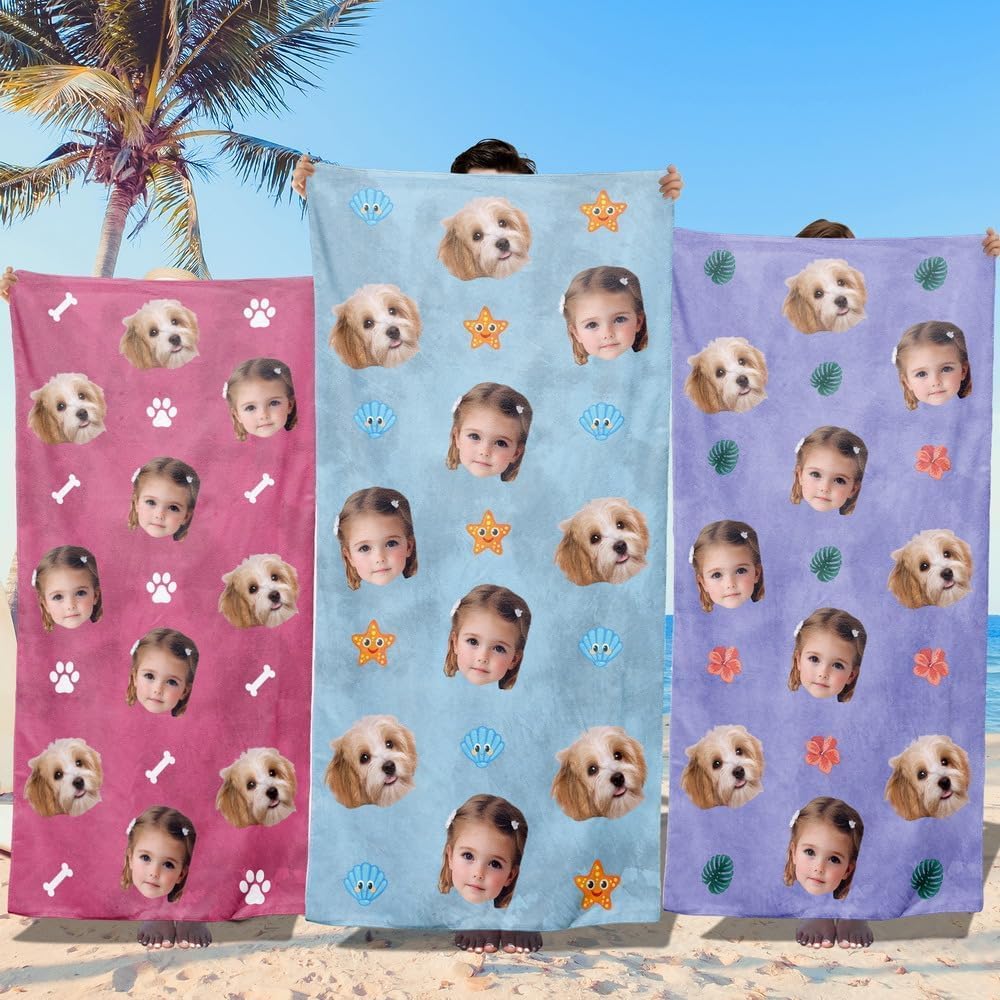 Loosusu Personalised Beach Towels for Kids - Custom Beach Towels with Faces on Them - Customised Sand Free Quick Dry Bath/Pool/Beach Towel with Photos for Boys Girls Women Men(37 colors)