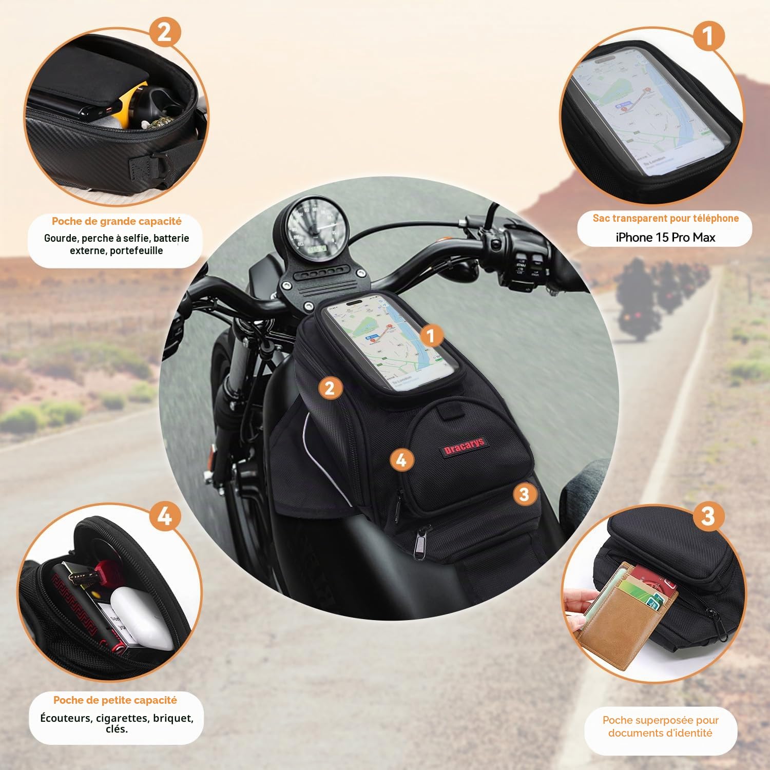 Dracarys Sacoche de réservoir de moto en tissu Oxford, sac magnétique solide, Noir