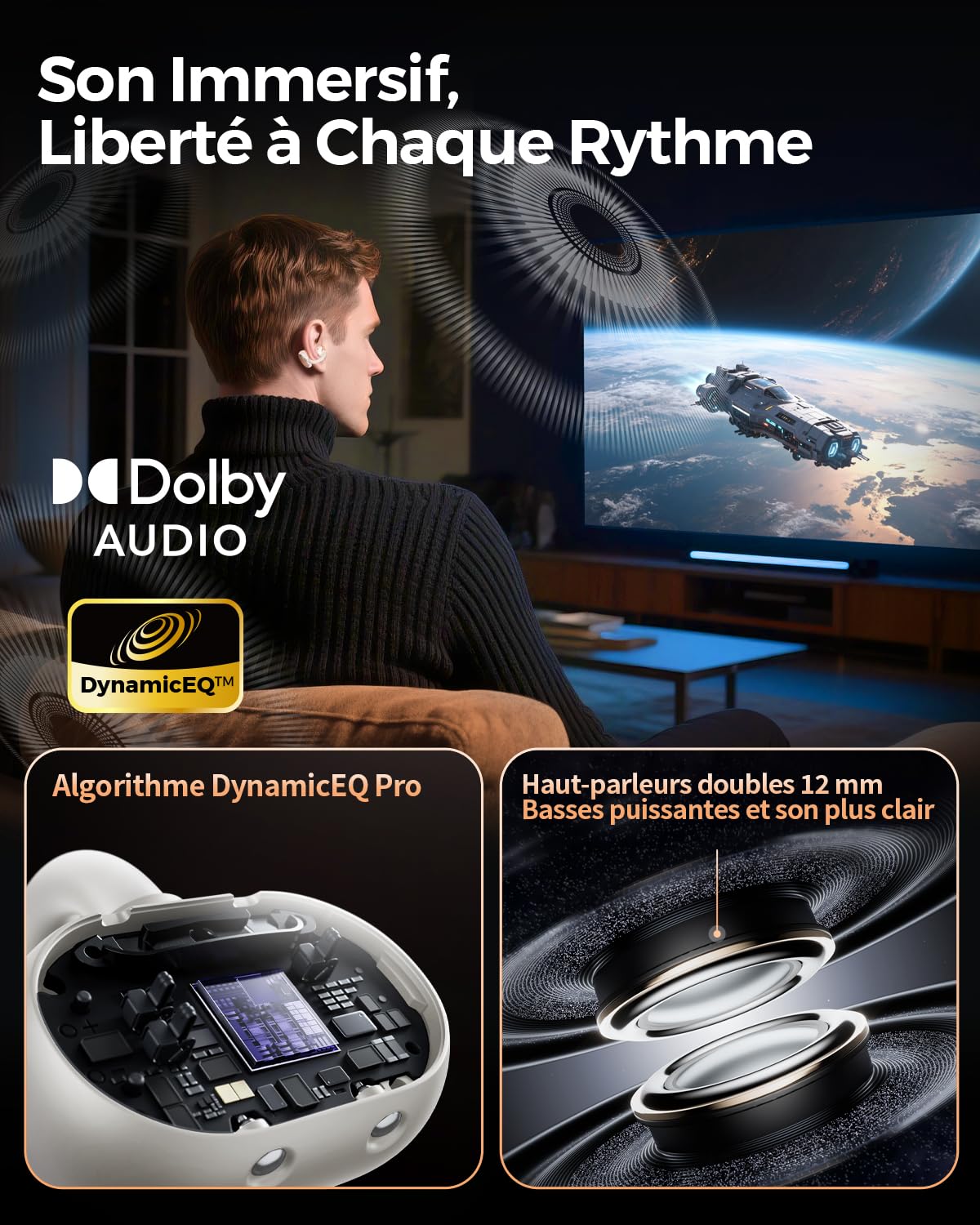SoundPEATS Clip1 Écouteurs Ouverts à Clipser avec Audio Dolby de qualité supérieure, Pilotes de 12 mm, sécurisés, légers, étanches IPX5, Charge Rapide, jusqu'à 40 Heures de Lecture, Bluetooth 5.4