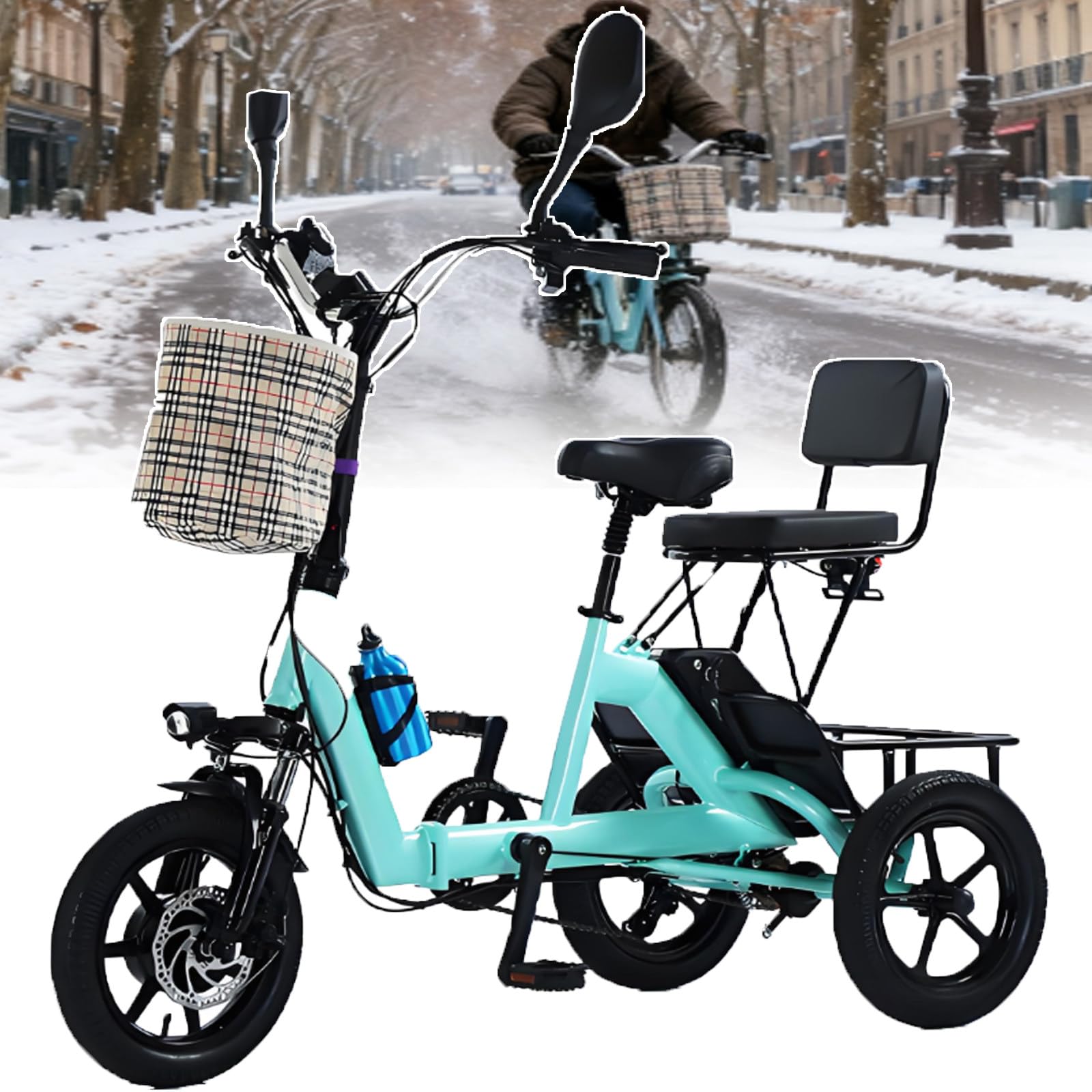 ErShangMao 2026 Adult Electric Tricycle Bike W/Basket & Seat, Electric Bike For Shopping & Commute, Foldable Heavy-Duty Trike, 200kg Load, 20km/H,40km Range, Led Headlight, Lcd, 3 Modes Green