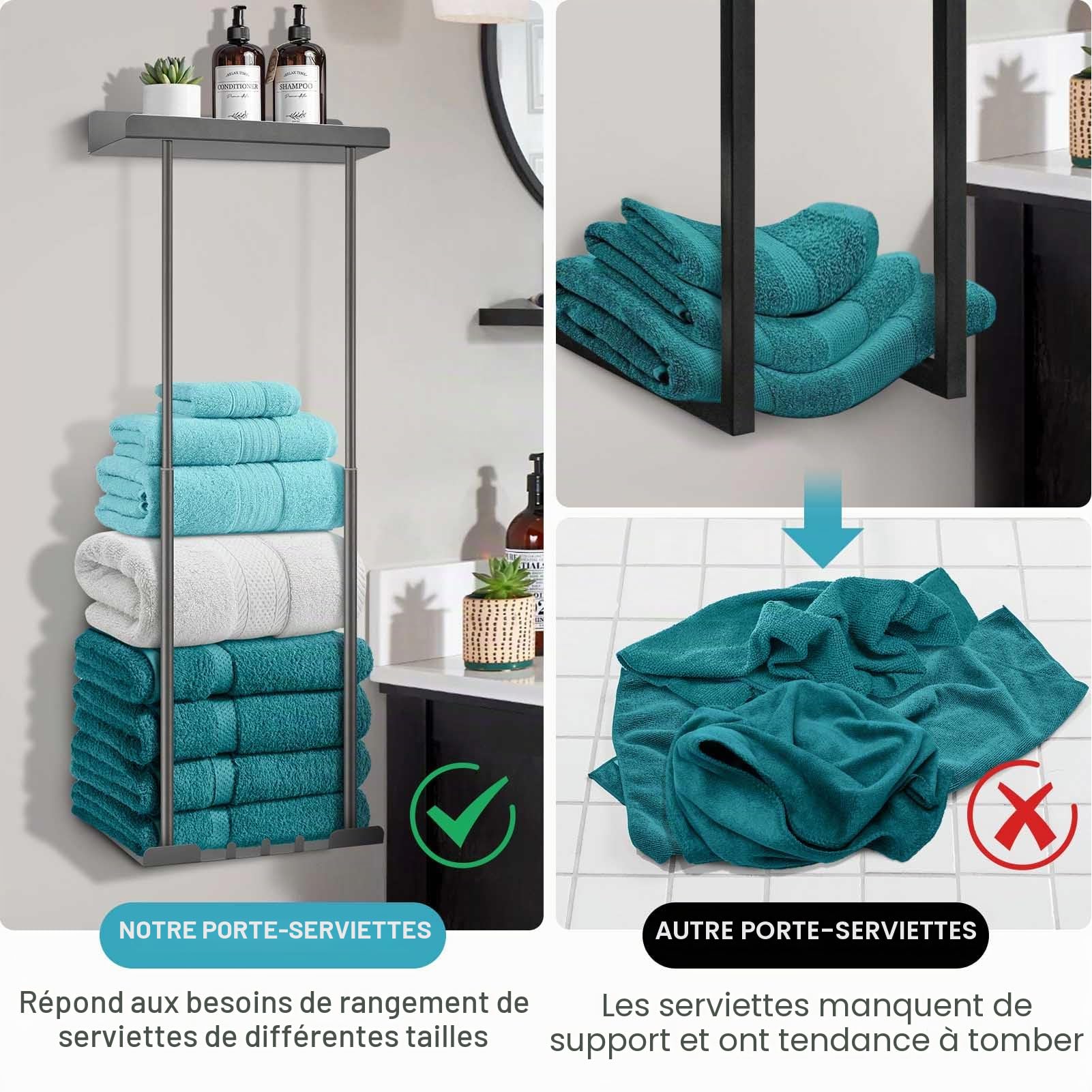 Porte Serviette Mural sans Perçage - Porte Serviette Salle de Bain- avec Patere Salle de Bain -Convient pour Le Rangement Serviette Salle de Bain