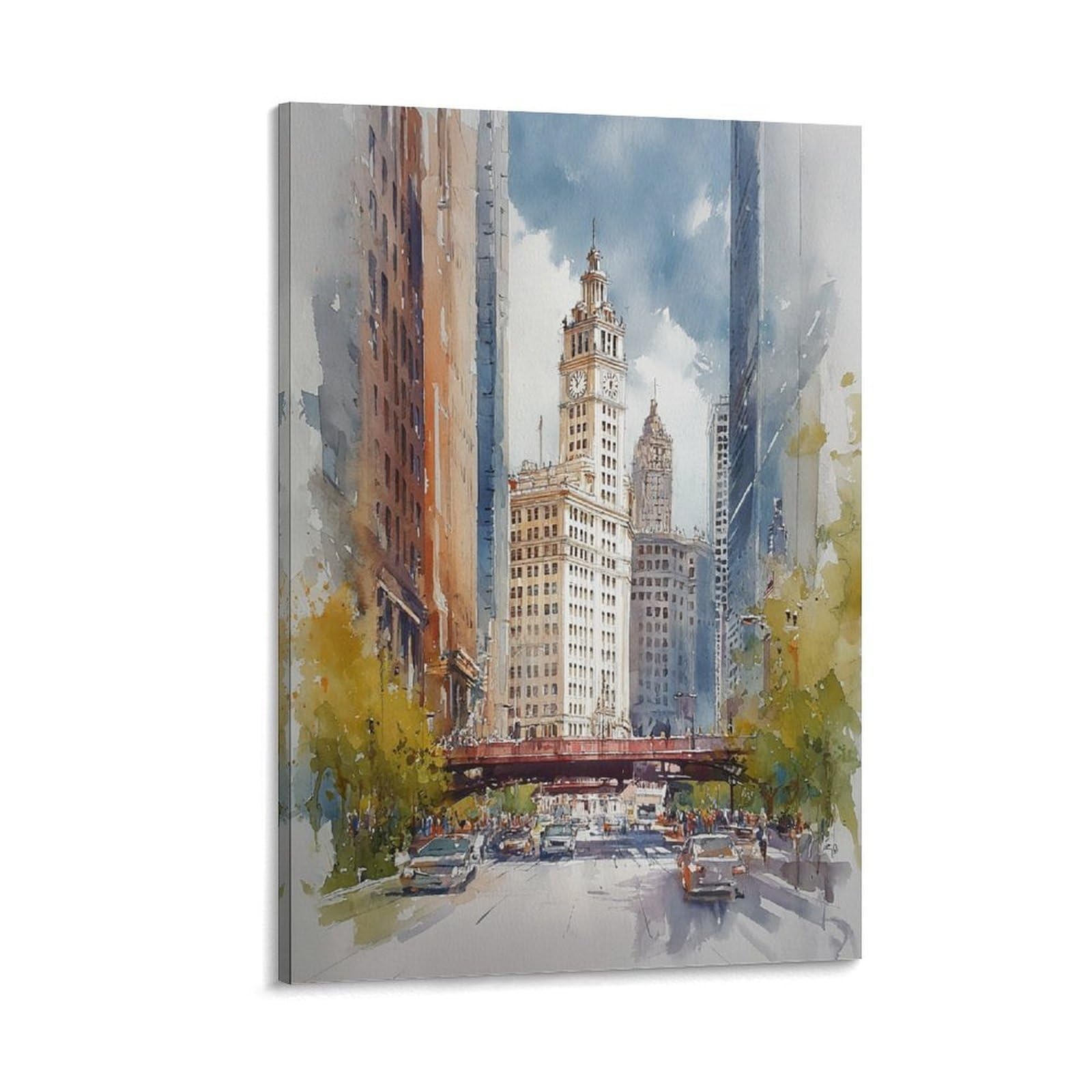 XWYMXZ Chicago Watercolor Print Vintage Illinois Travel Poster Tree 24x36inch(60x90cm) Vintage Watercolor Canvas Art