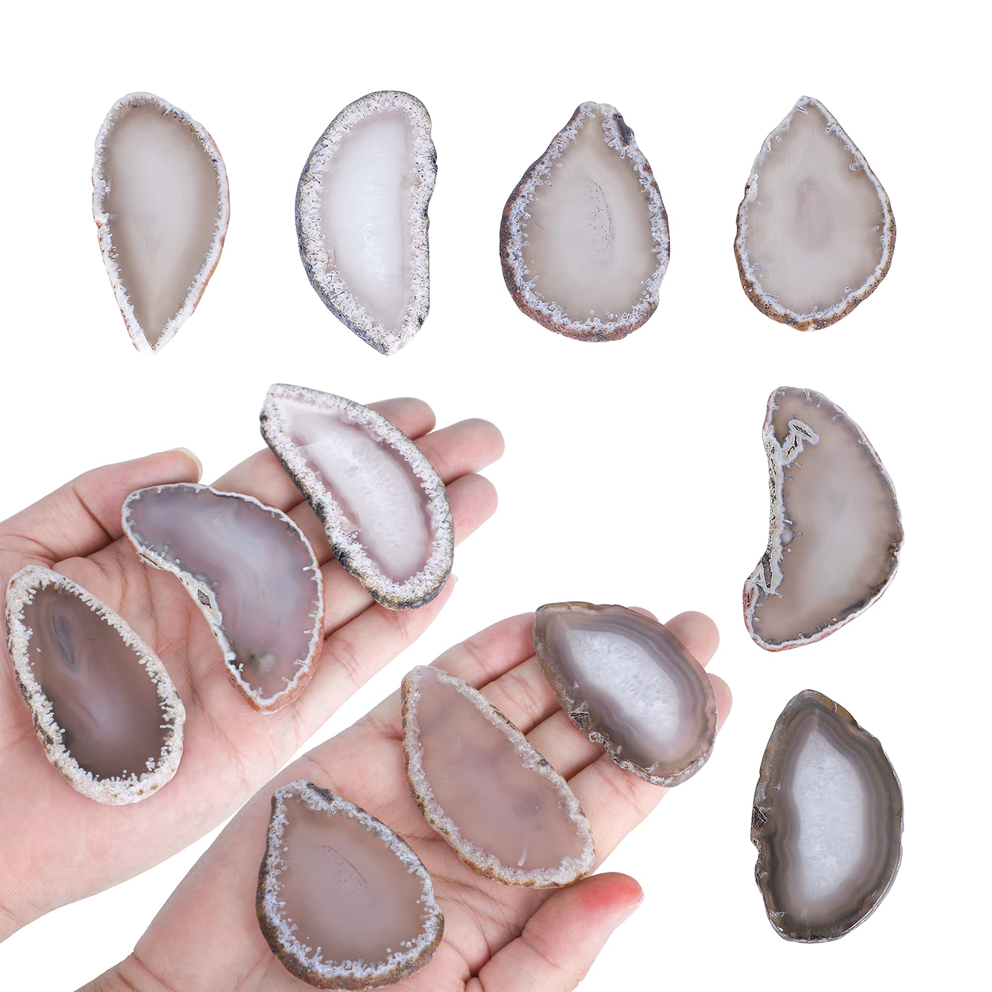 Malimali 12 Pcs Polished Agate Slices Bulk, Irregular Sliced Grey Agate Stone Geode Decor, Original Color