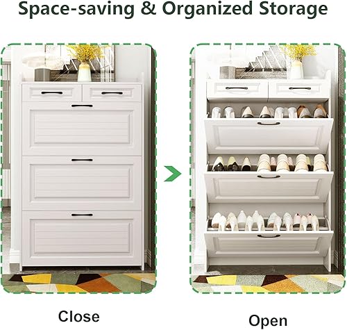Miniatura 4 de HZANHY Zapatero blanco con 3 cajones abatibles, organizador de zapatos independiente con soporte de cajón de metal para entrada, armario estrecho