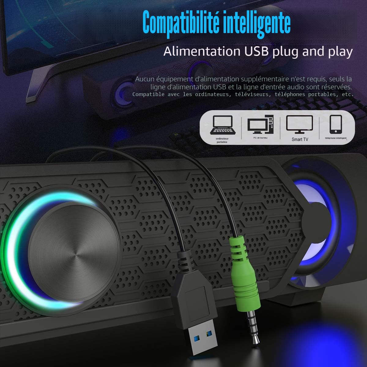 Smalody Barre De Son d'ordinateur, Haut-Parleurs Parfaits pour Les PC, Barre De Son USB, Haut-Parleurs De Jeu avec Lumières LED Froides, Bureau, Ordinateur Portable