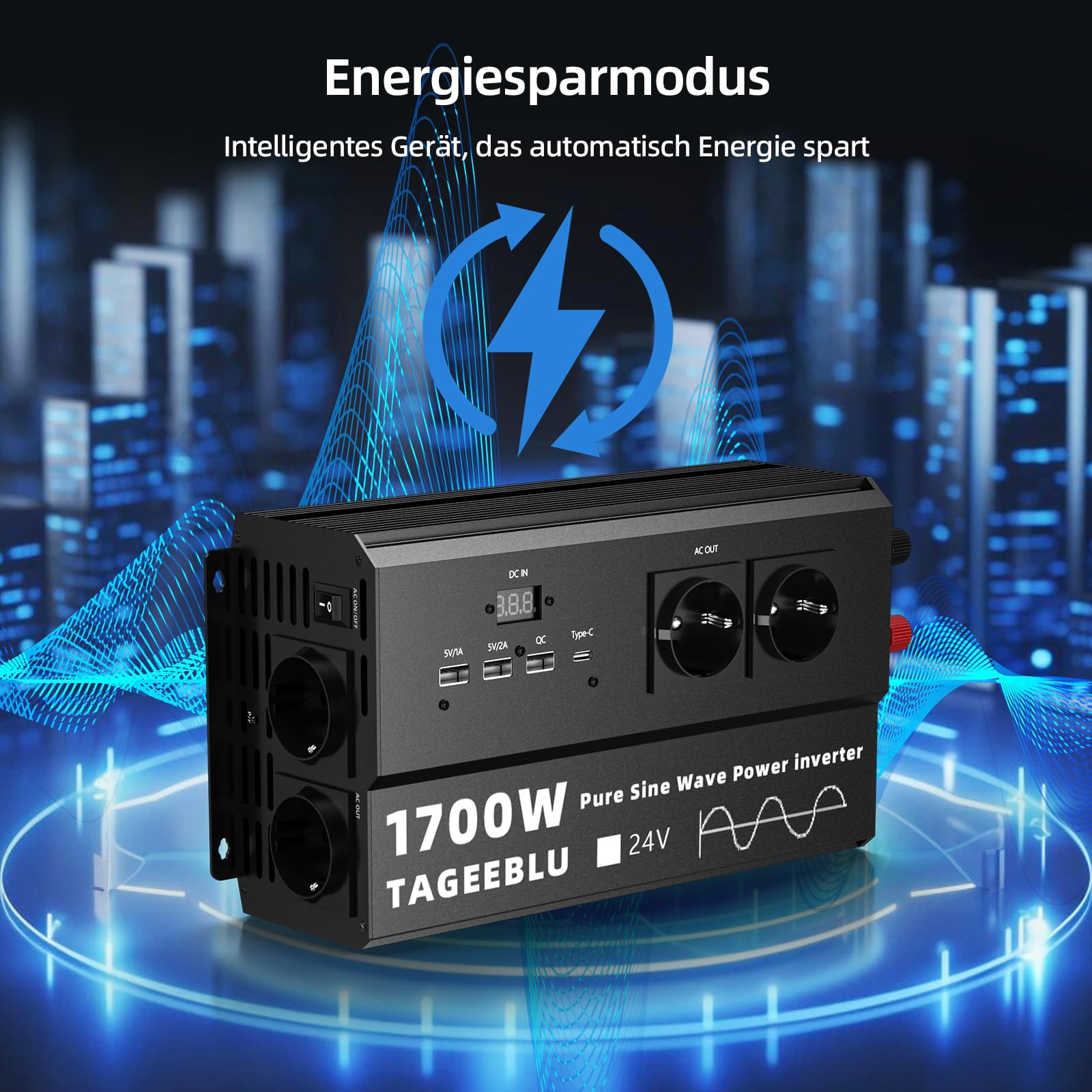 1700W inverter 24v 220v Onda Pura con Display LCD, 4 EU Presa, 4 ports USB et Tipo C 30W