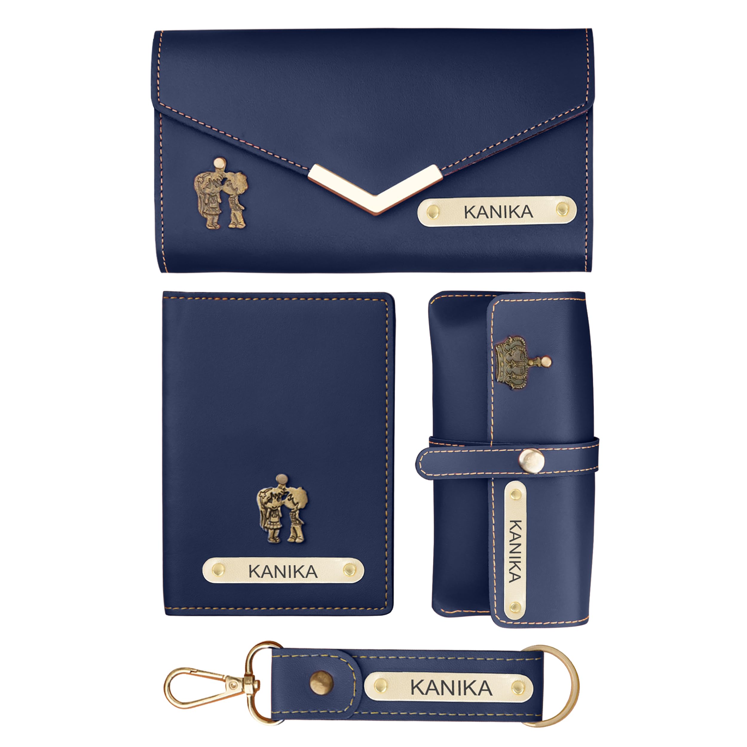 The Wallet Store Personalized Leather Clutch, Passport Cover, Keychain & Eyewear Combo | Best Gift for Wife, Girlfriend, Sister, Mother Etc (Blue)