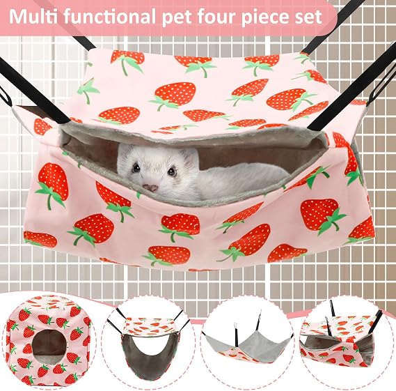 4Pcs Hamster Hammock Set Rat Hanging Bed House Washable Guinea Pig Hideout Bed Soft Ferret Hanging Nest for Chinchilla Sugar Glider Squirrel(Pink Strawberry)