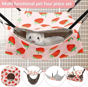 4Pcs Hamster Hammock Set Rat Hanging Bed House Washable Guinea Pig Hideout Bed Soft Ferret Hanging Nest for Chinchilla Sugar Glider Squirrel(Pink Strawberry)