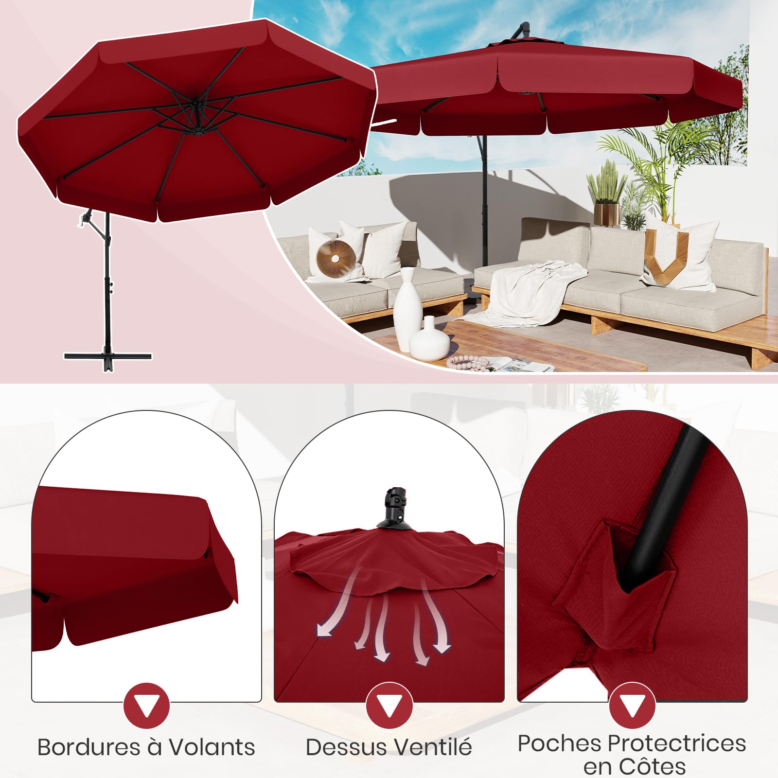 RELAX4LIFE Parasol Déporté Octogonal 305x250cm Rouge avec Housse