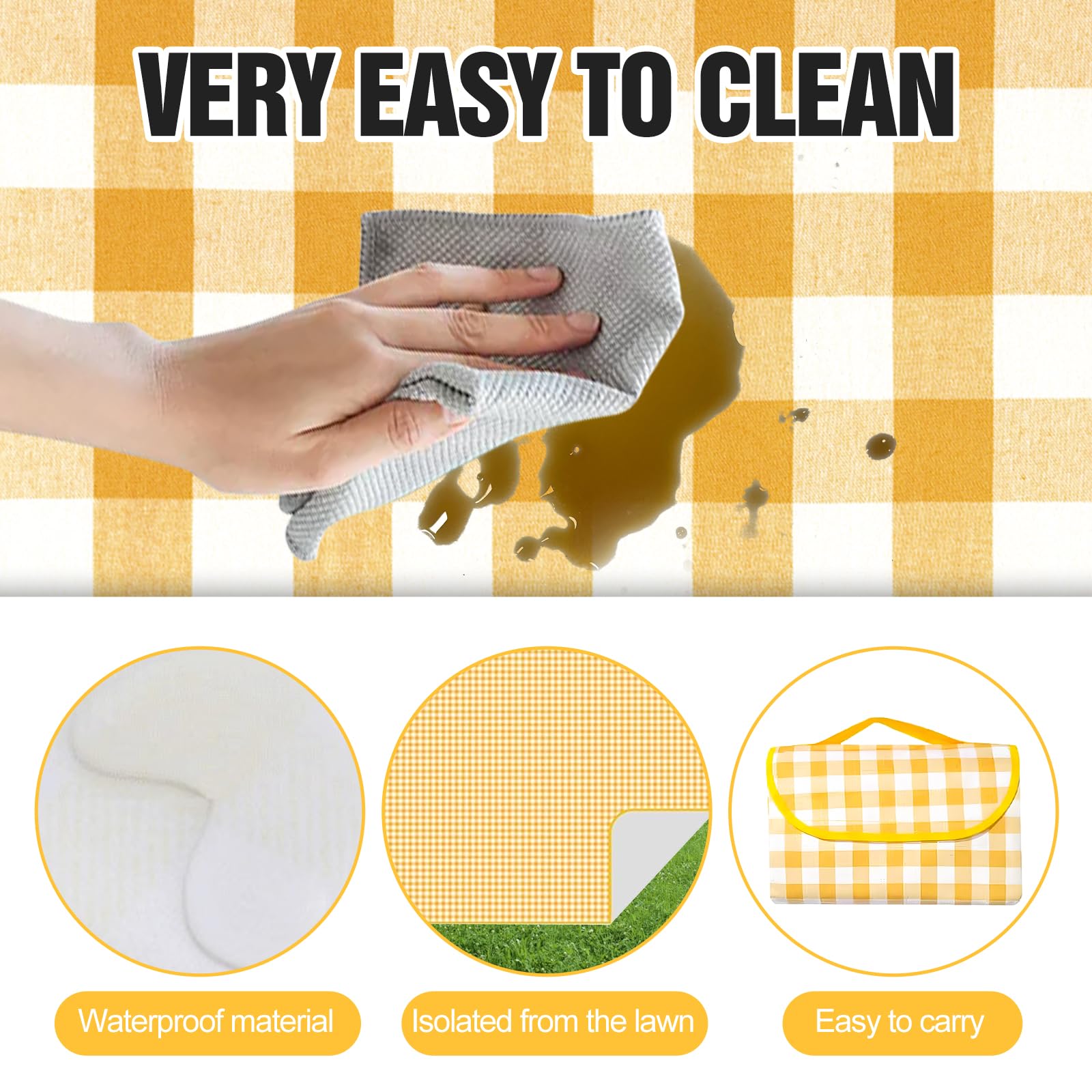 300cm*200cm Coperta picnic impermeabile，Stuoia Campeggio，Portatile Tappetino da Spiaggia Pieghevole,Coperta da Picnic con Manici per Campeggio All'aperto,Viaggi,Parchi，Spiaggia, Prato (Giallo)