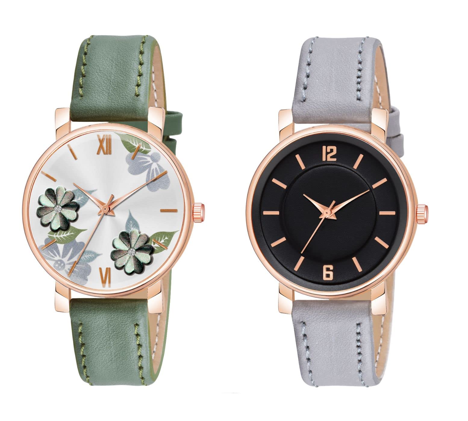 KIROH Green Flower and 6 to 12 Antique Dial Analogue Stylish Leather Strap Analoge Girls and Woman Combo Watches(Green) (B0BPYS177L) Amazon Price History, Amazon Price Tracker