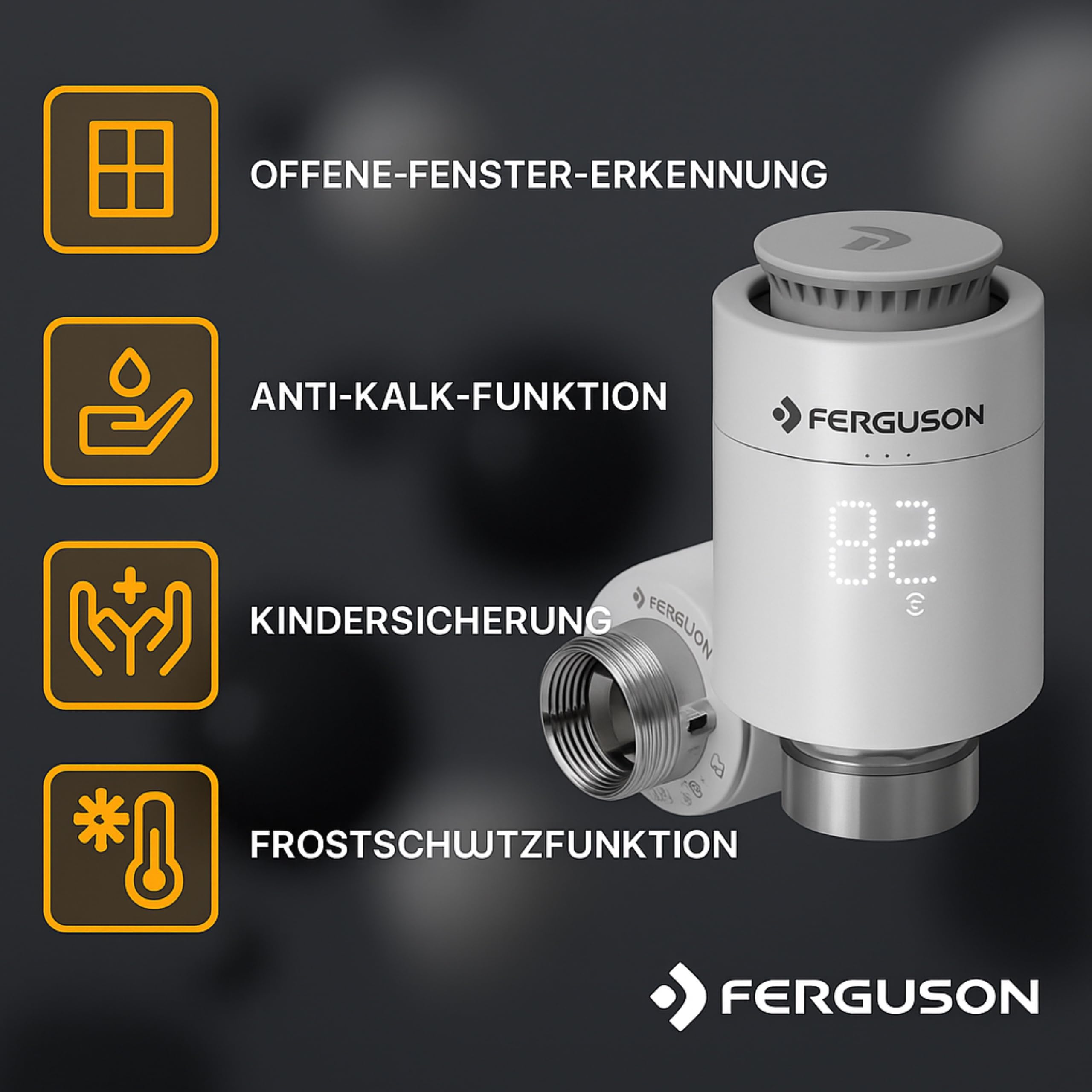 Ferguson 5X Smart Thermostatkopf ZigBee – Heizkörperthermostat programmierbar mit App Steuerung, Funkthermostat für Smart Home Set kompatibel mit Home Connect System