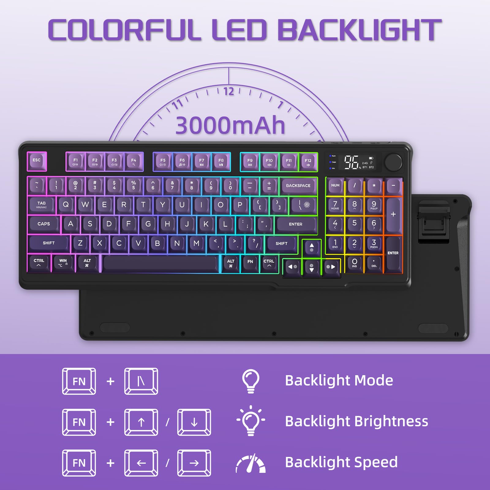 FREEWOLF M96 Tastiera Da Gioco Wireless, Controllo Tramite Manopola Bluetooth/Tastiera Meccanica Wireless 2.4G, Retroilluminazione a LED con Schermo, Copritasto PBT, 3000mAh, QWERTY - Sfumatura Viola
