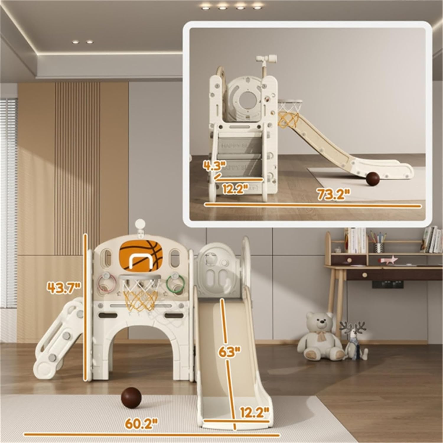 Children's Fun Slide Set with Tunnel Basketball Hoop Children's Slide Children's Indoor and Outdoor Entertainment Facilities Suitable for 1-6 Years Old Cream White