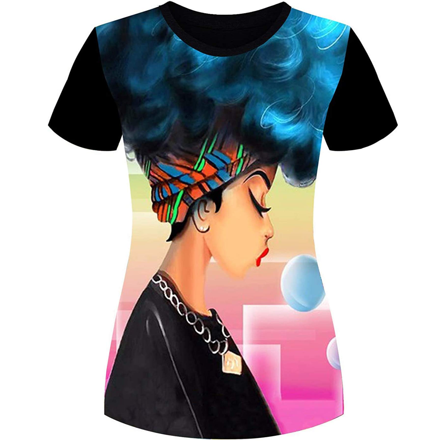 AZPSRTWomen's T-Shirts Black Woman Afro Natural Hair 3D Floral Print Casual Tops for Women Tees