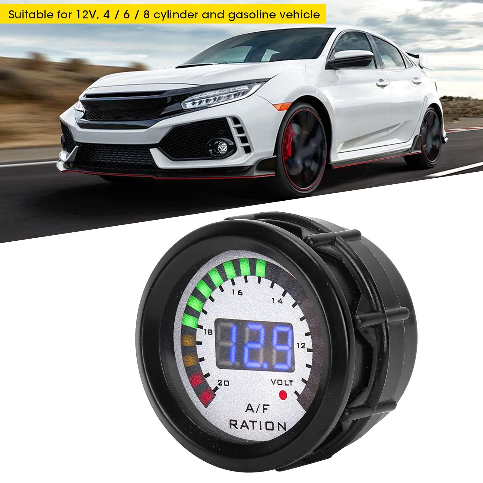 KIMISS Kit Indicatore Rapporto Carburante Aria AFR, Indicatore Rapporto Carburante Aria Auto 52mm LED Blu Digitale per Veicolo a Benzina 12V 4/6/8 Cilindri