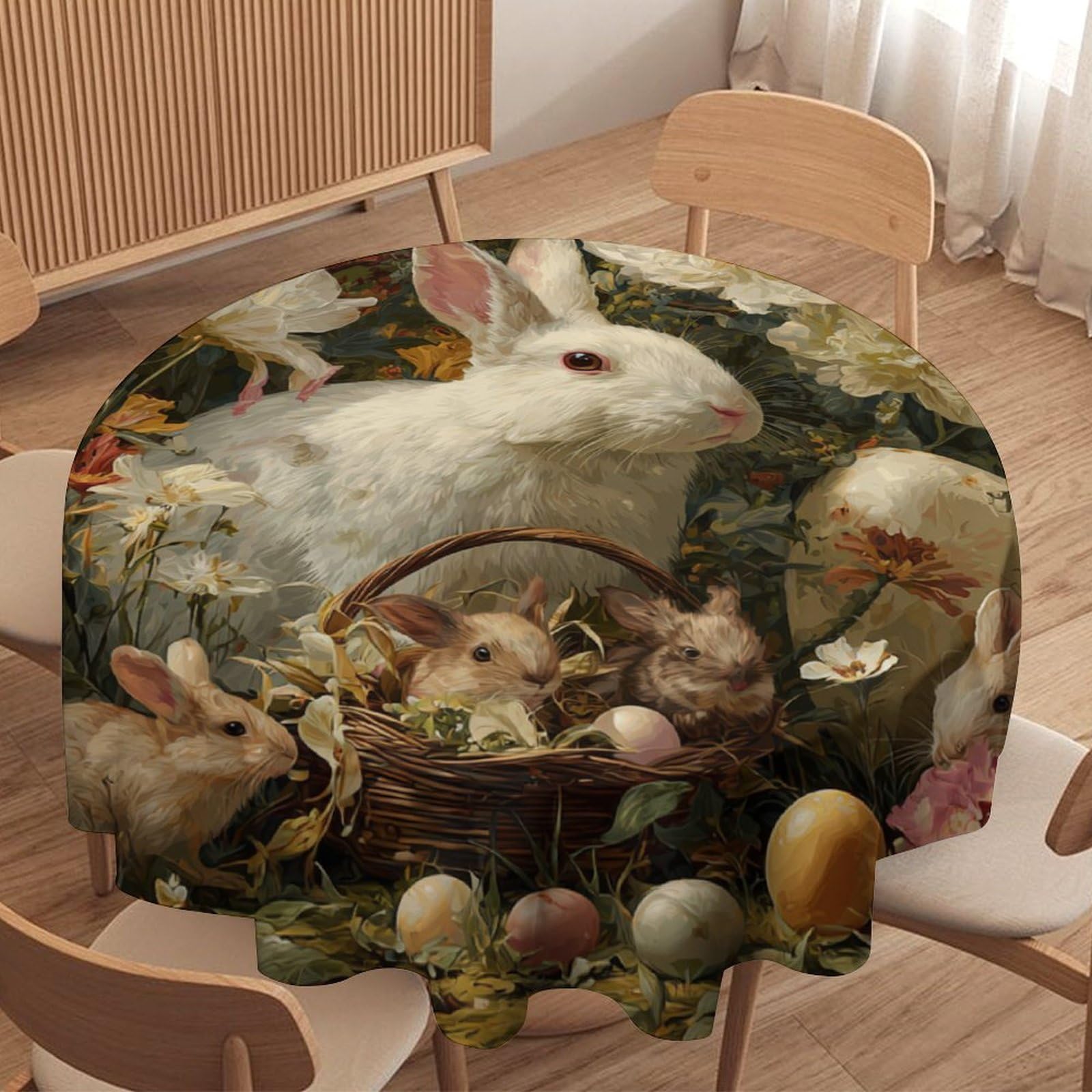 LUYYSKY Cute Realistic Easter Rabbits Round Tablecloth Modern Art Colorful Eggs Animals Bunny Butterflies Flowers Washable Decor for Table Cover for Kitchen-127 Wx127 L cm
