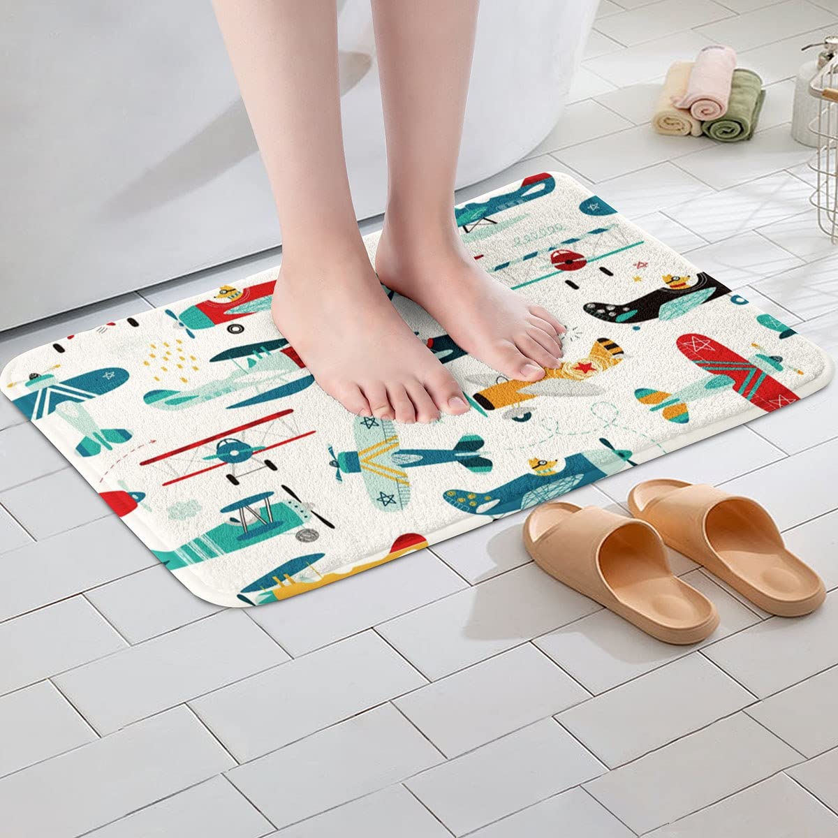 Boys Airplane Bath Rug Aircraft Flying Bathroom Rug Carpet Cartoon Toys for Tub Shower Kids Aero Vehicles Cute Indoor Entrance Door Mats Yellow Area Rug Carpet Bath Room Bedroom Decor,20x32 Inch