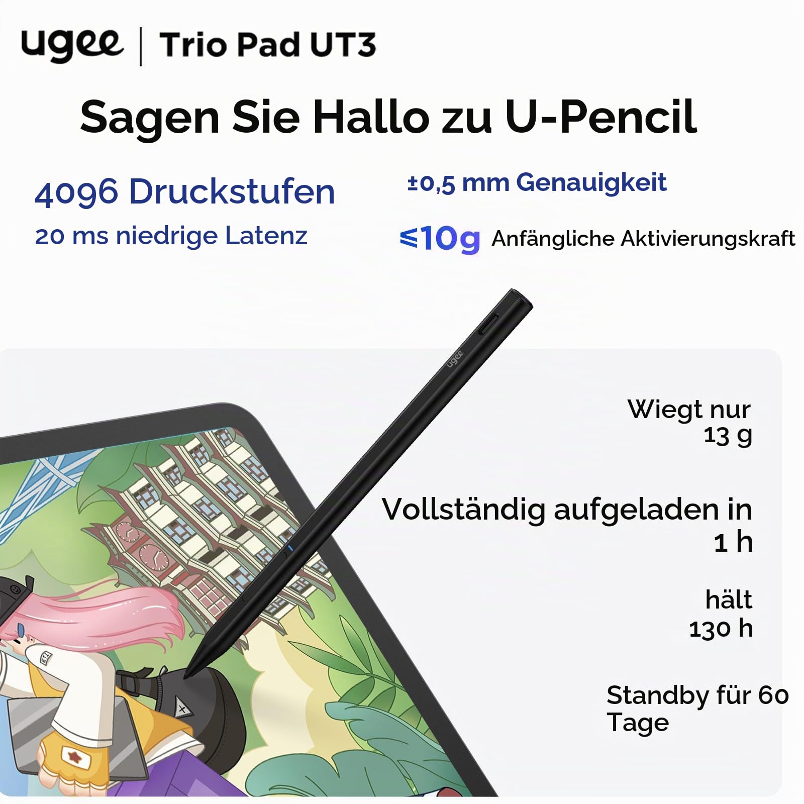 Ugee UT3 Android 14 Pad 8GB+256GB 14,25'' Standalone-Zeichentablett ohne Computer benötigt, 2,4K Ultra HD großer Bildschirm mit vollständig laminiertem Display, Zeichenständer mit 10000mAh+27W-Akku
