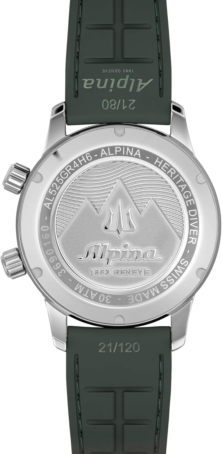 Alpina Men's Seastrong Heritage Diver 300 Swiss Made 3-Hand Date Automatic Watch, 38 Hour Power Reserve, Stainless Steel, Sapphire Crystal, 42mm, 300M Water Resistant, Green Strap - Image 3