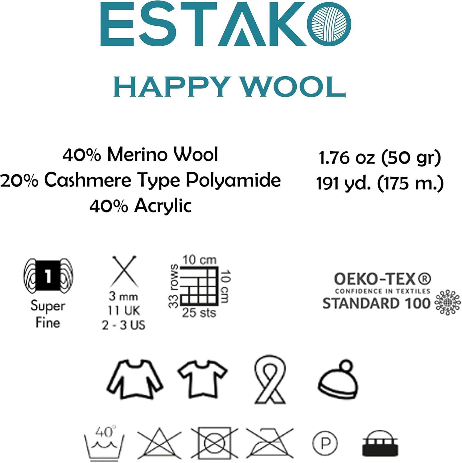 Estako Happy Wool (6 Skeins Pack) 40% Merino Wool 20% Cashmere Type Polyamide 40% Acyrlic Fingering Weight Soft Knitting and Crochet Yarn (6 x 1.76 oz) (6 x 191 yds) (8022 - Dark Turquoise)