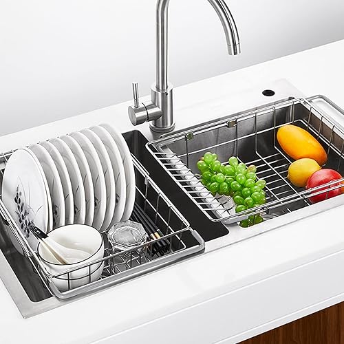 Miniatura 4 de Escurridor de platos extensible sobre el fregadero, escurridor de platos en el fregadero o en la encimera, con soporte para almacenamiento de