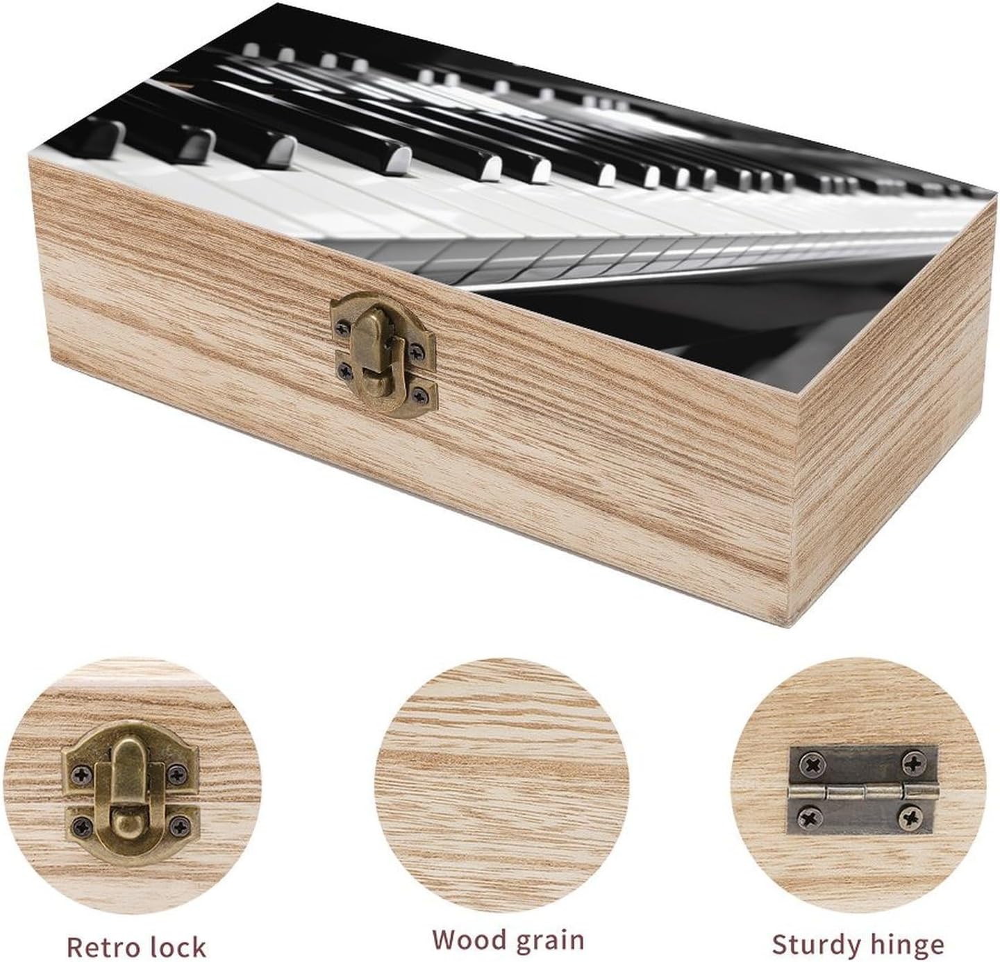 Black White Piano Keyboard Memory Jewelry Wooden Box, Large Wooden Treasure Chest Boxes with Hinged Lid, Photos Storage Case for Women Men, Wooden Keepsake Box, 7.9'' X 3.9'' X2.3''
