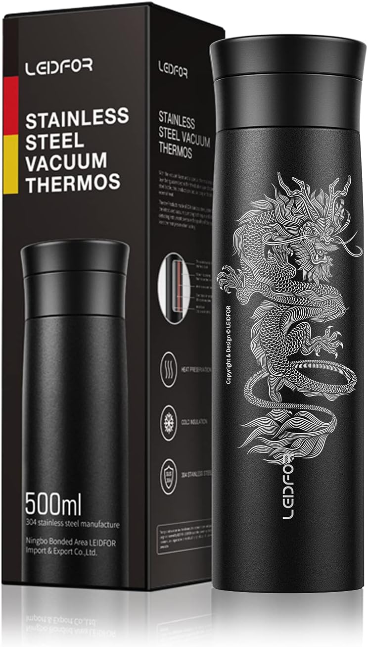 Tea Infuser Tumbler for Loose Leaf Tea, Stainless Steel Vacuum Insulated, Hot Iced Coffee and Fruit Infused Water – Leak proof (Black (Dragon Laser) 17OZ)