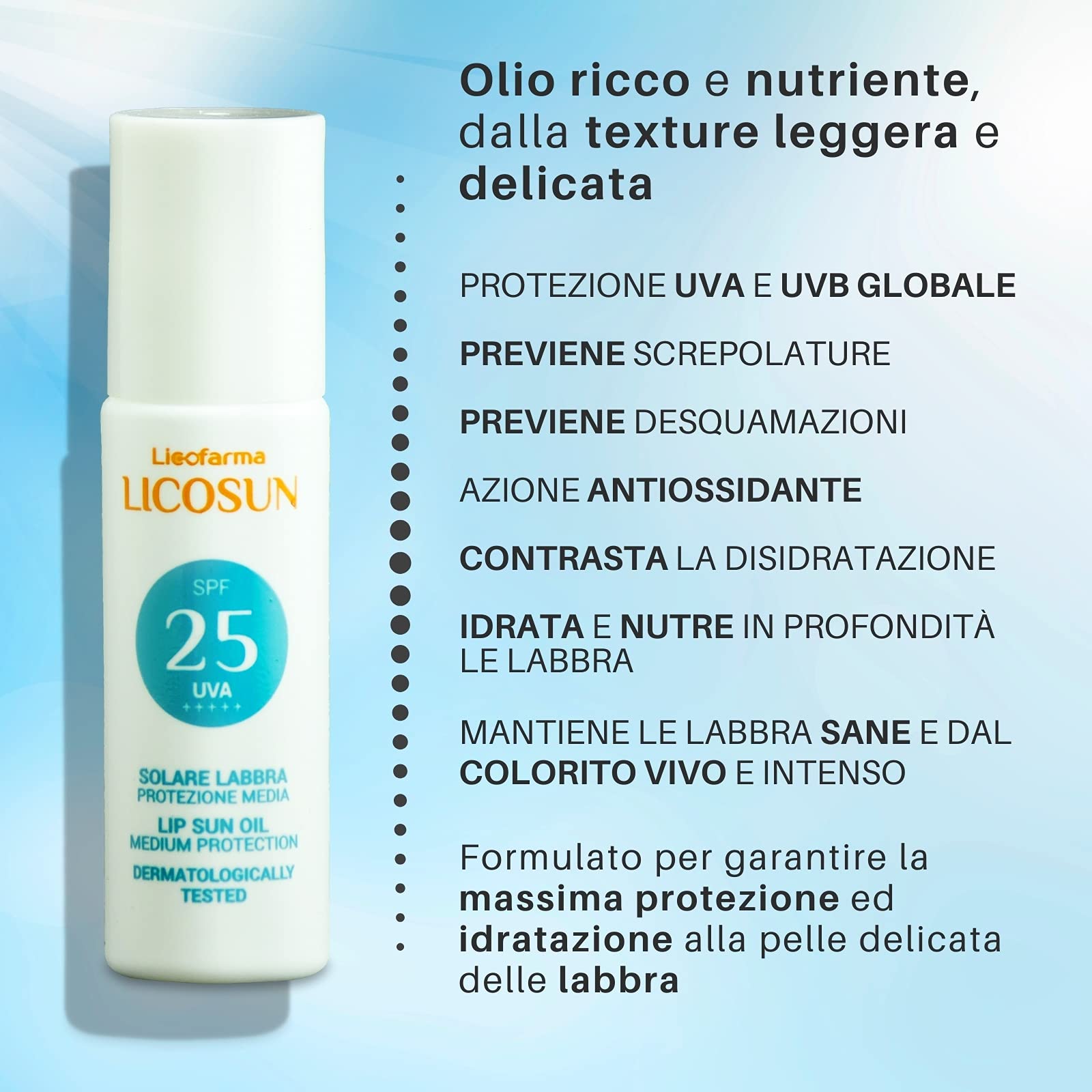 Licofarma Olio Solare Protezione Labbra SPF 25 con Roll-on. Protezione UVA UVB, Azione Antiossidante. Idratante e Nutriente sulle Labbra.