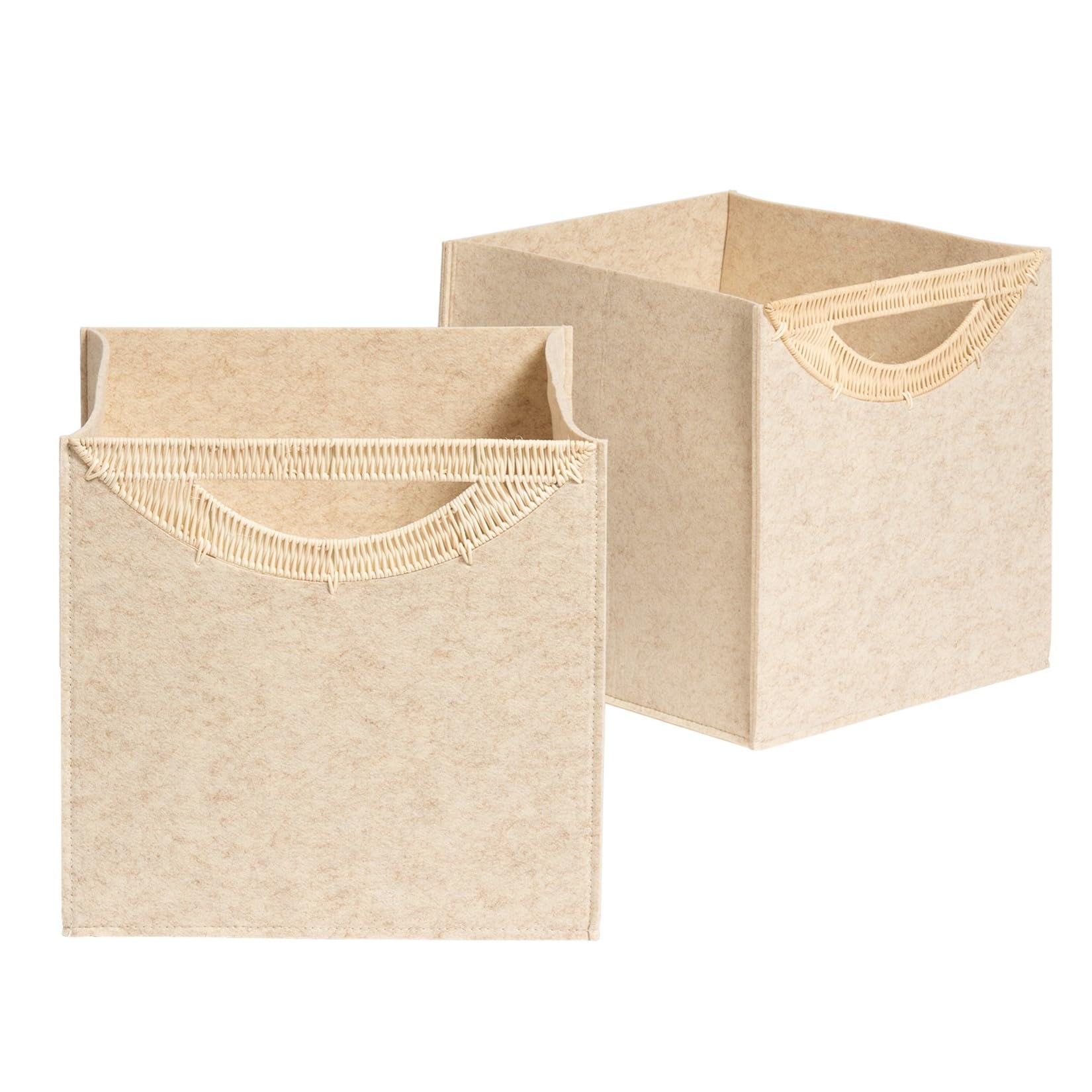 La Jolie Maison 2 Pack Foldable Oatmeal Felt Cube Bins, 13 Inch Storage Cube with Rattan Handle, Decorative Storage Bins for Closet Toys Bedroom