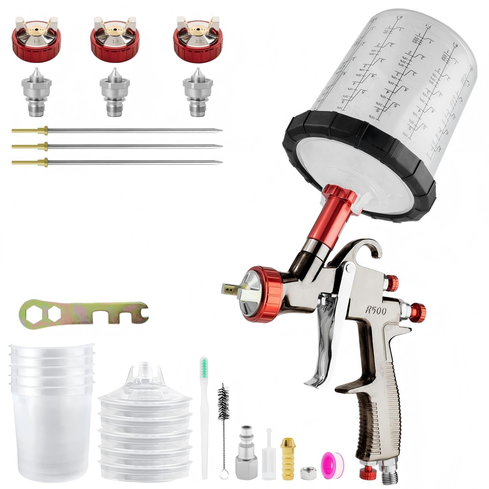 SRQ R500 LVLP Pistolet à Peinture avec de 1,3/1,7/2,0 mm Kit de Pistolet, Comprenant Un Godet de mélange de 650 ML et 5 Godets jetables ; Pistolet à Peinture pneumatique Professionnel