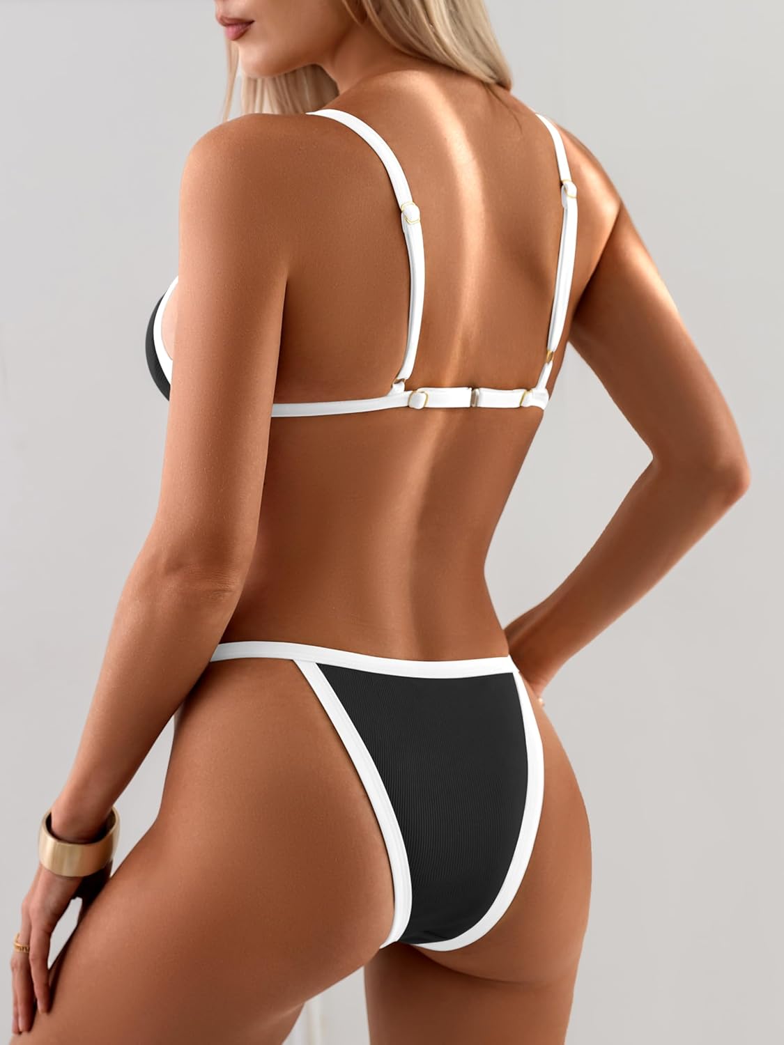 TASHEHE Women's Ribbed Triangle Bikini Sets Contrast Bind Two Piece Swimsuit Thong Bathing Suit