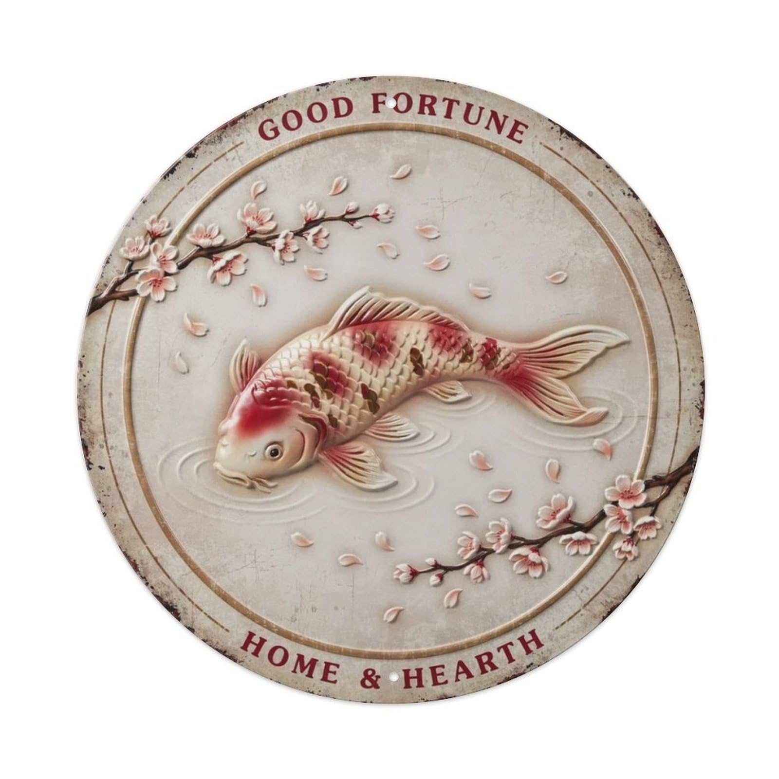 Cherry Blossom Koi 3D Round Metal Tin Sign Plaque